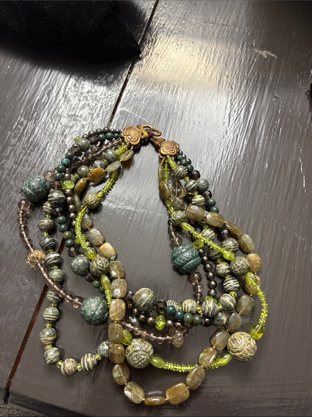 Stephen Dweck Multistrand Green, Gold and Teal Beaded Necklace
